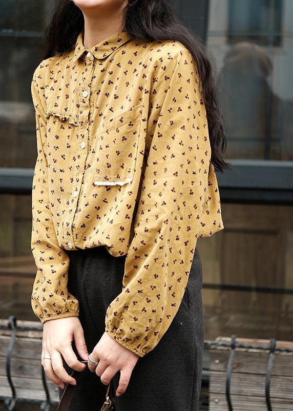 Diy Yellow Print Top Lapel Patchwork Baggy Spring Blouses