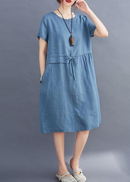 Women tie waist o neck linen summer Robes Wardrobes blue Dress