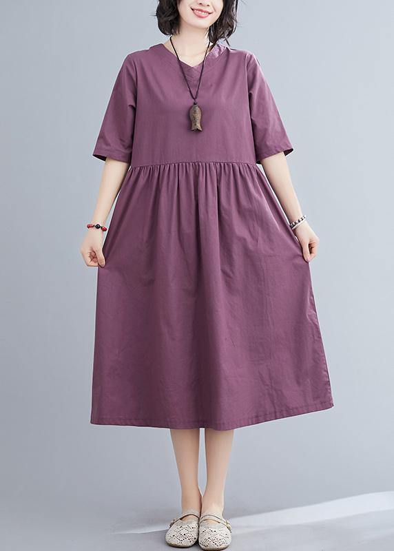 Organic purple linen cotton clothes For Women v neck long summer Dresses
