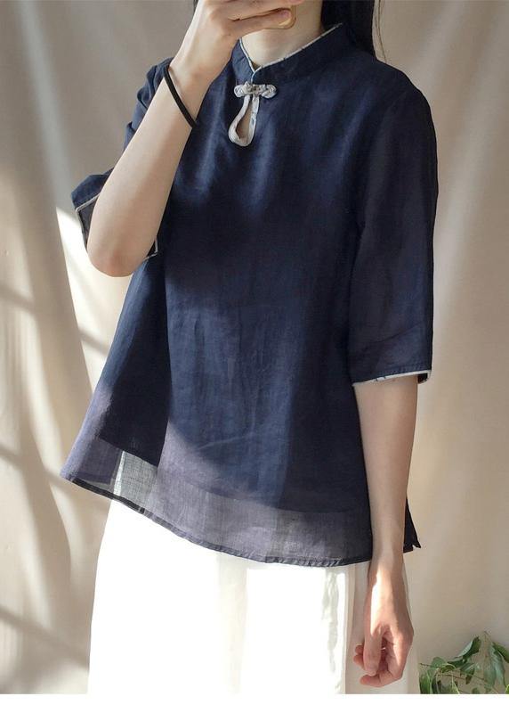 Italian Dark Blue Clothes For Women Stand Collar Half Sleeve Cotton Top