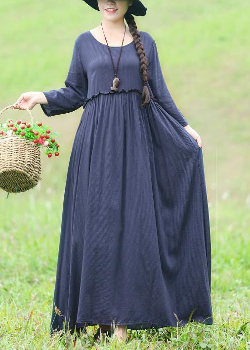 Modern ruffles waist cotton linen clothes For Women Fabrics blue Maxi Dress