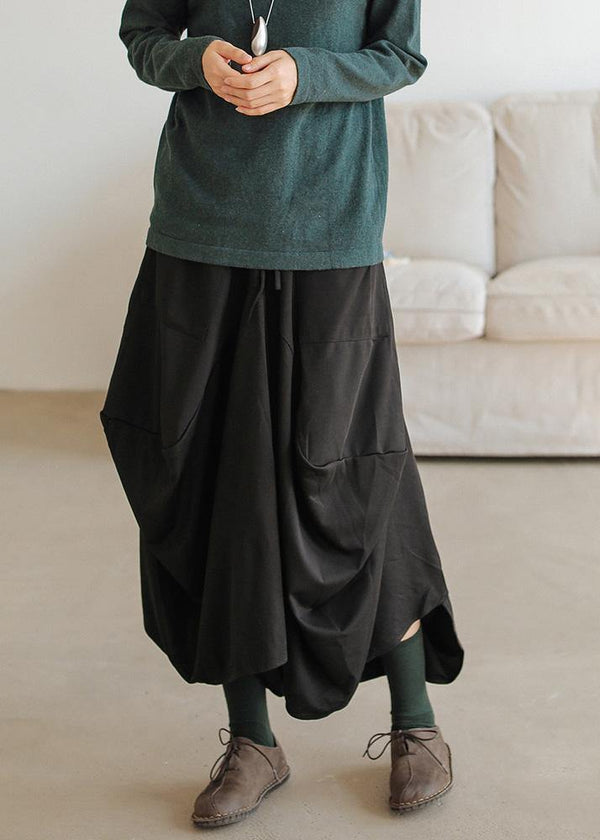 Bohemian black cotton asymmetric Dresses elastic waist skirt