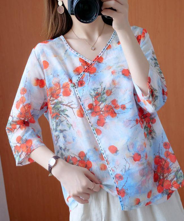 Natural v neck half sleeve summer clothes For Women Outfits red print blouse