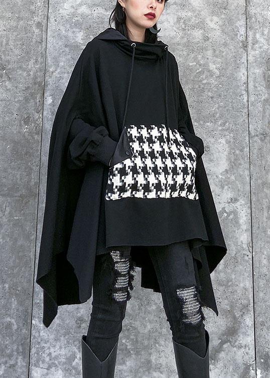 Classy hooded asymmetric cotton patchwork shirts women Cotton black top