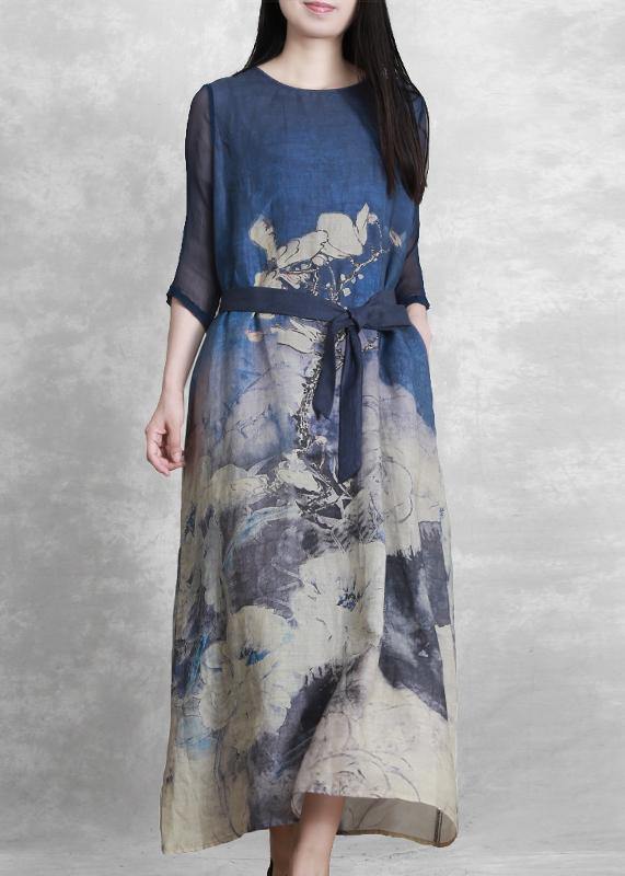 Bohemian blue print clothes For Women o neck tie waist Maxi Dresses