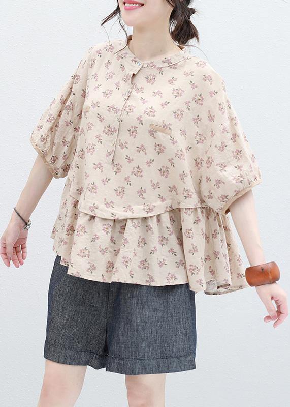 Women stand collar nude prints linen top silhouette design half sleeve blouses summer