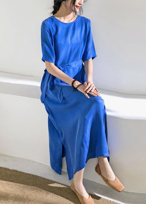 Women blue cotton tunics for women o neck tie waist A Line summer Dress