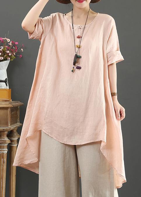 Loose o neck asymmetric linen summer linen tops women pattern pink shirts