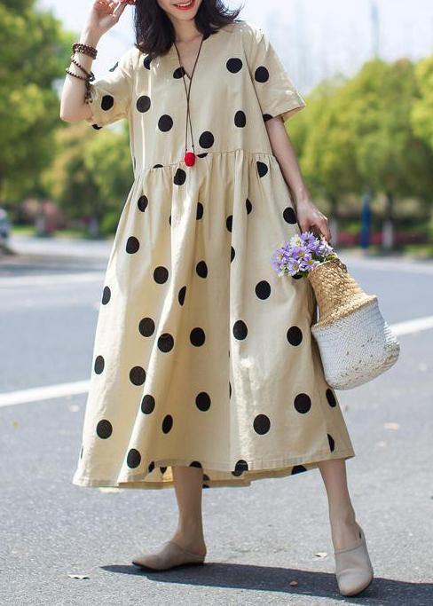 Unique linen Wardrobes 2019 Casual Polka Dot V-Neck Loose Linen Dress