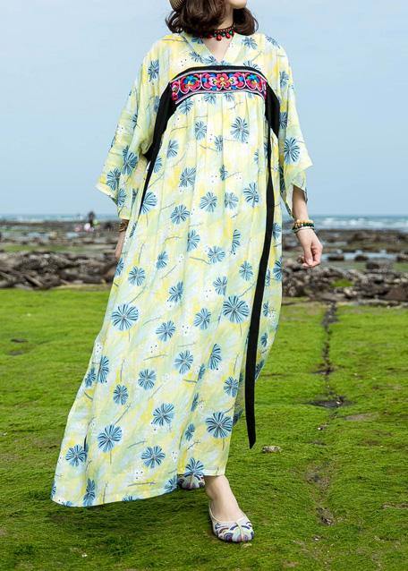 Italian yellow green print cotton linen clothes For Women o neck Traveling summer Dress