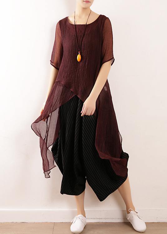 Bohemian burgundy linen top asymmetric hem Plus Size Clothing summer blouse