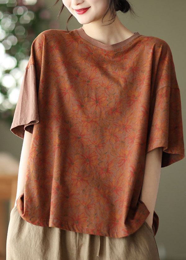 Brown Print Cotton Tanks O-Neck Asymmetrical Batwing Sleeve