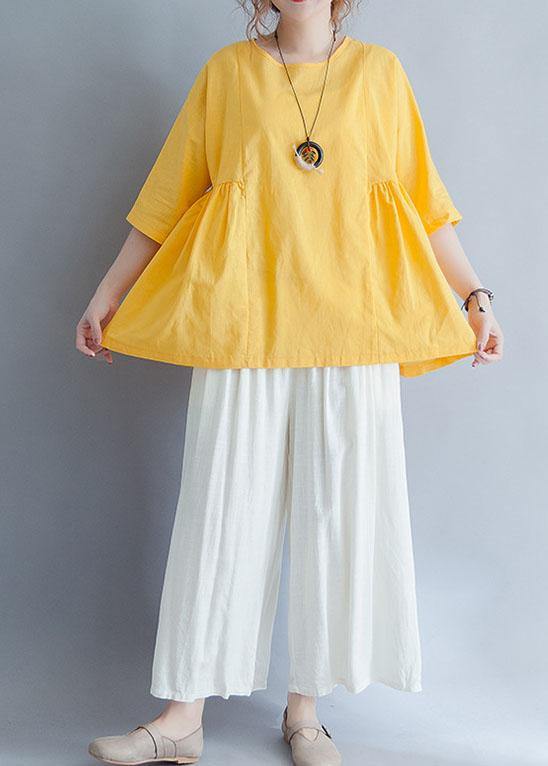 Beautiful yellow o neck linen cotton clothes For Women Shirts half sleeve summer blouses