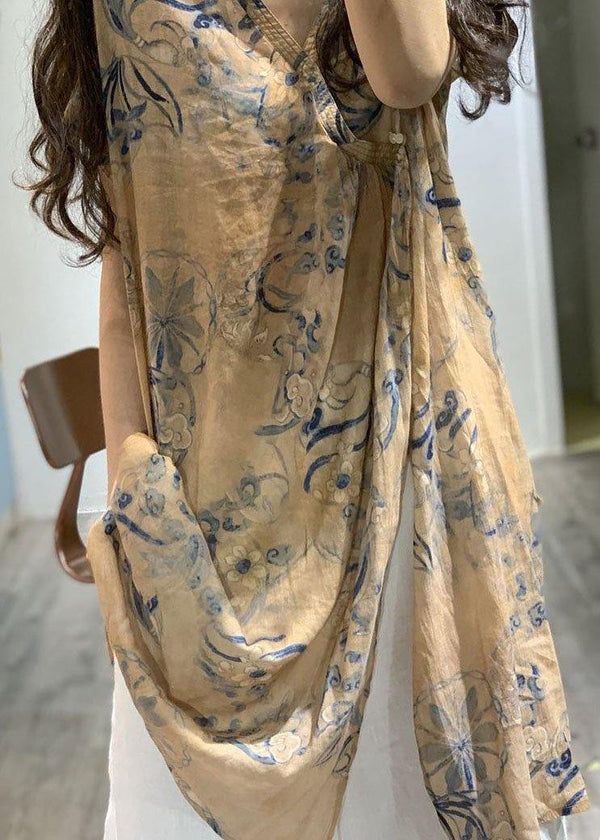 Simple v neck prints linen clothes side open loose Dress