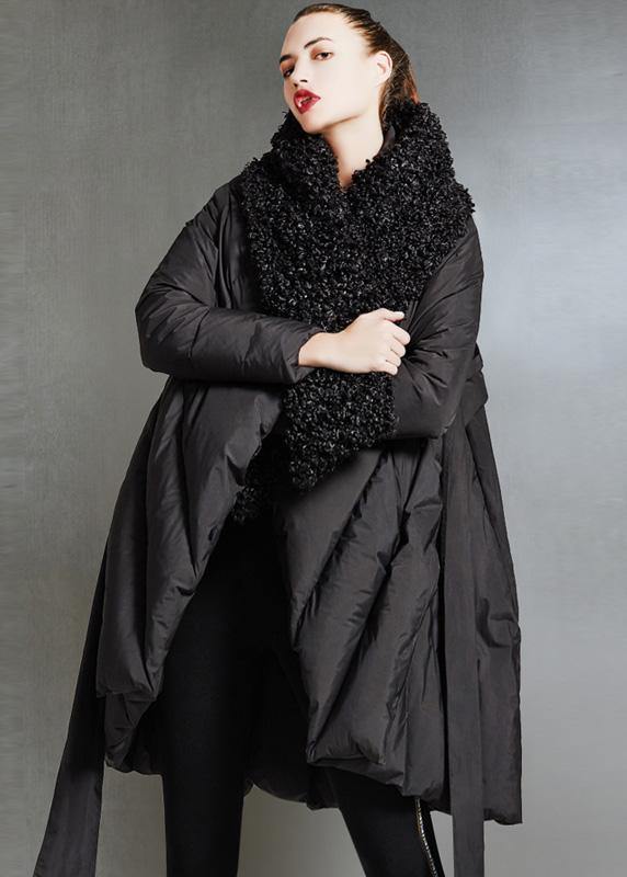 Fine plus size womens parka tie waist coats black fur collar goose Down coat