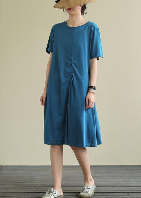 Bohemian o neck Cinched Cotton summer dress Sewing blue Dresses