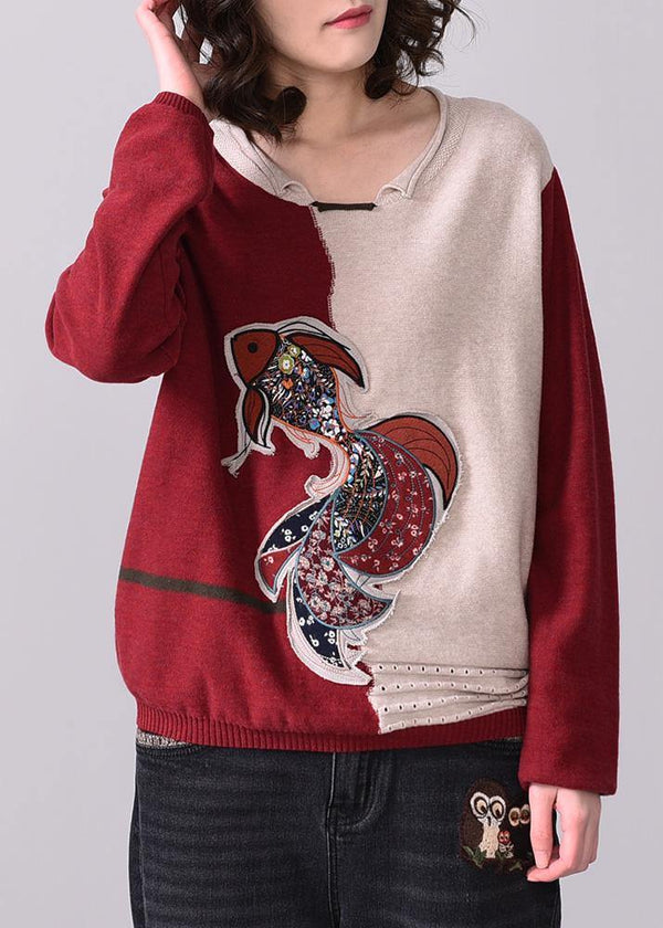 Oversized fall Appliques knitted  blouse casual o neck knitted tops red patchwork beige