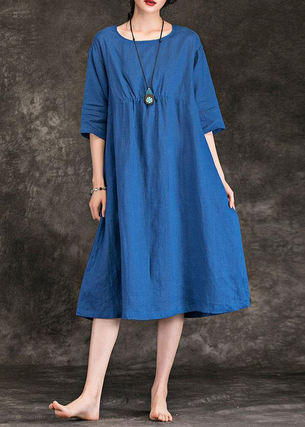 Italian blue linen dress o neck Cinched Three Quarter sleeve summer Dress