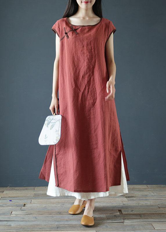 Classy red linen clothes For Women o neck side open long summer Dress