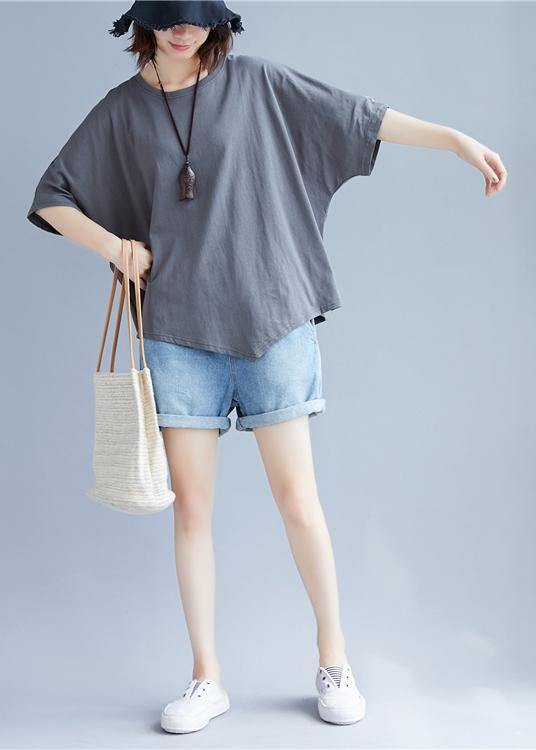 Handmade o neck asymmetric cotton clothes For Women gray blouse