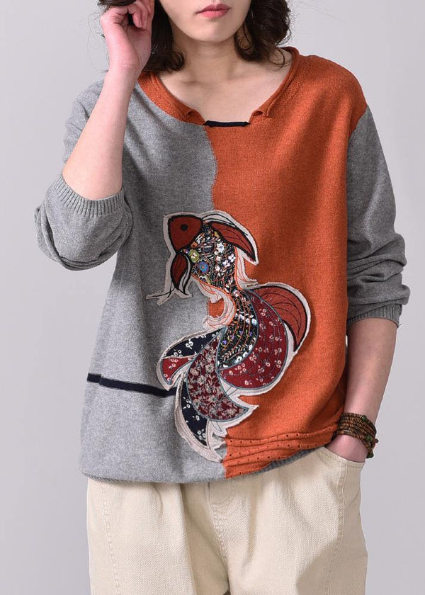 Vintage gray patchwork orange knit t shirt trendy plus size Appliques autumn knitted sweater long sleeve