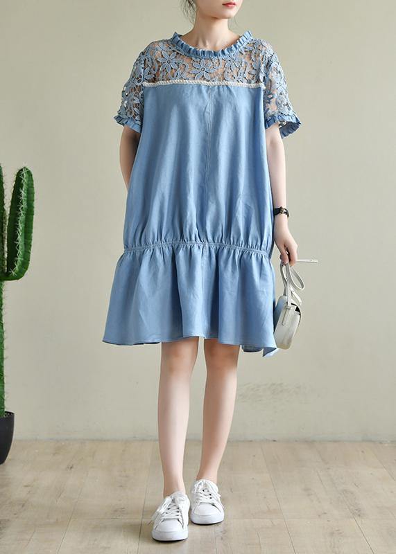Chic o neck patchwork lace summer dress light blue Dresses