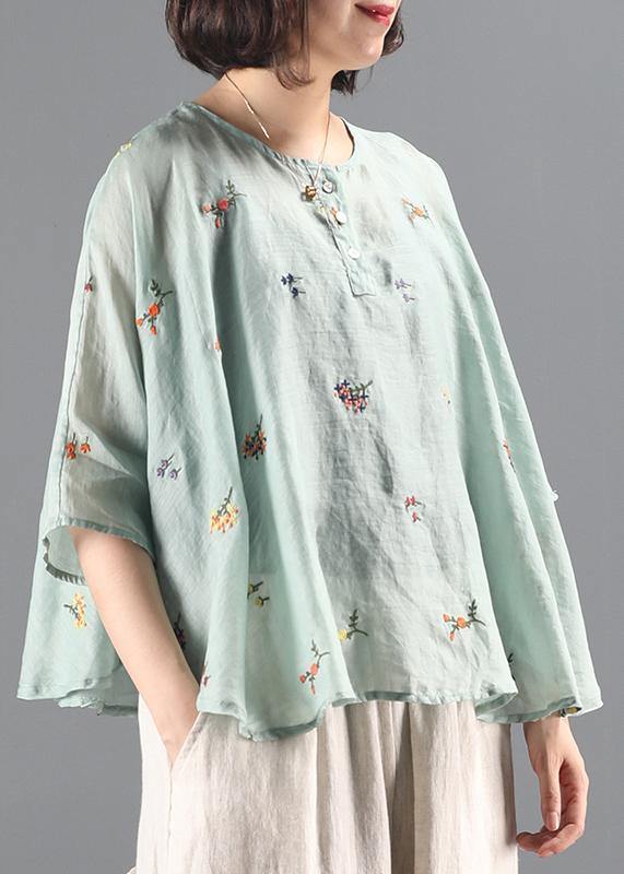 Elegant green embroidery tunic pattern o neck Batwing Sleeve Knee  blouses