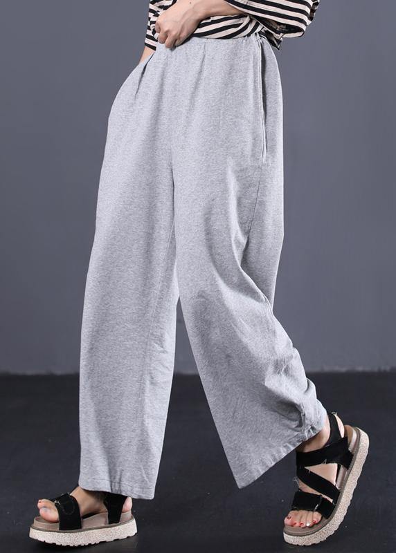 women cotton solid color casual pants elastic waist gray wide leg pants