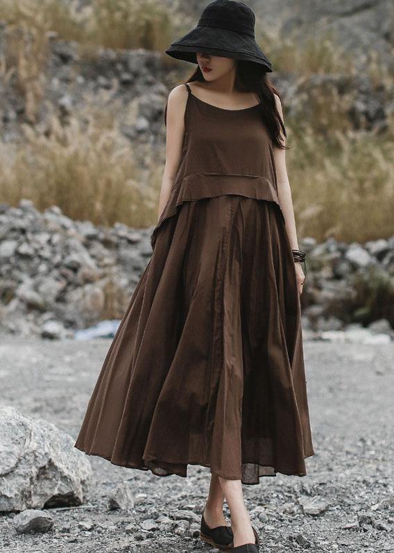 Italian brown linen clothes sleeveless long summer Dresses