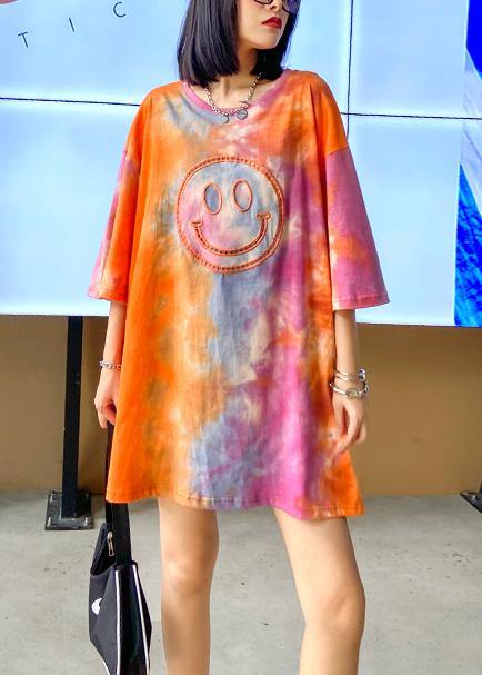 Handmade orange Tie Dye Dresses Oversize o neck half sleeve baggy Dresses