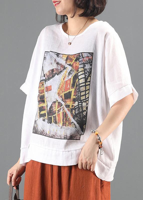 Loose o neck patchwork tunic top white print oversized tops