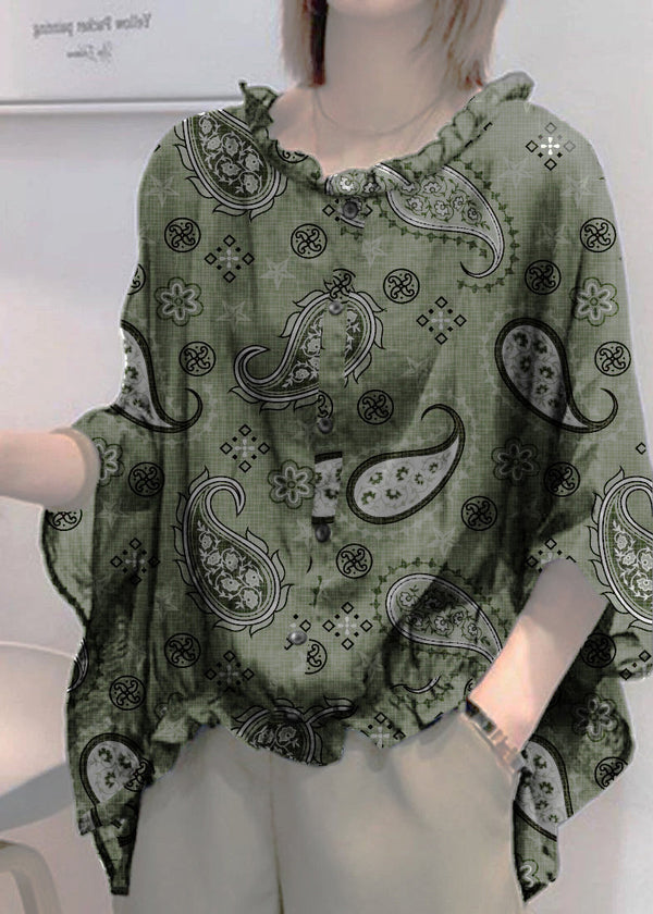 Art Green print Tops Ruffles Trim Half Sleeve Shirts Blouse Plus Size