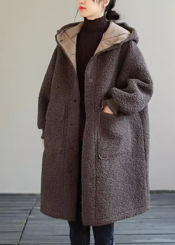 Women Coffee Hooded Button Faux Fur Winter Coat