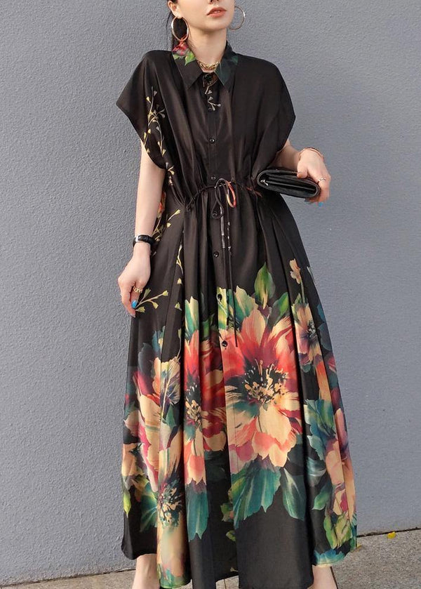 Women Lapel Drawstring Spring Tunic Sleeve Black Print Robe Dresses