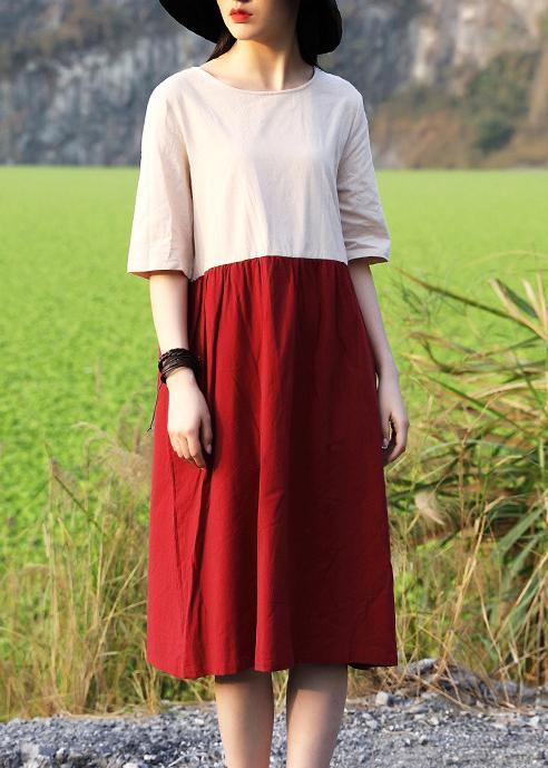 red women 2019 natural Cotton tunics for Summer Vintage Solid Color Short Dress