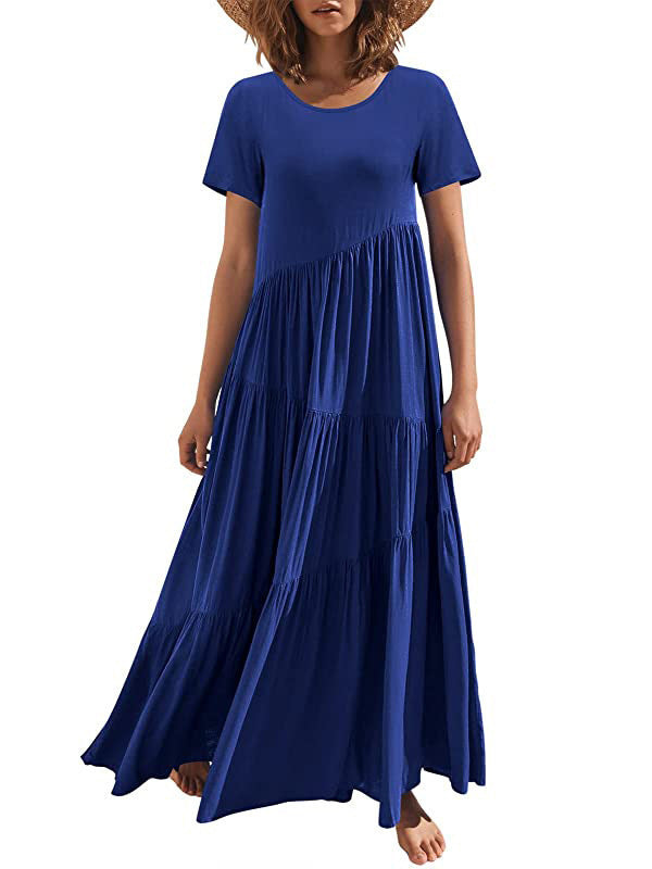 Casual Short Sleeves Loose Solid Color Round-Neck Maxi Dresses
