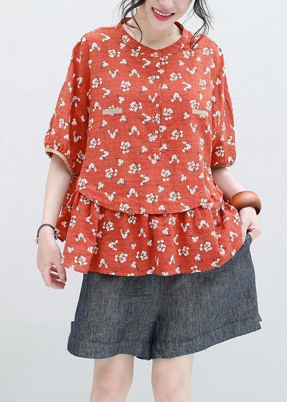 Bohemian half sleeve linen Tunic design red prints blouse summer