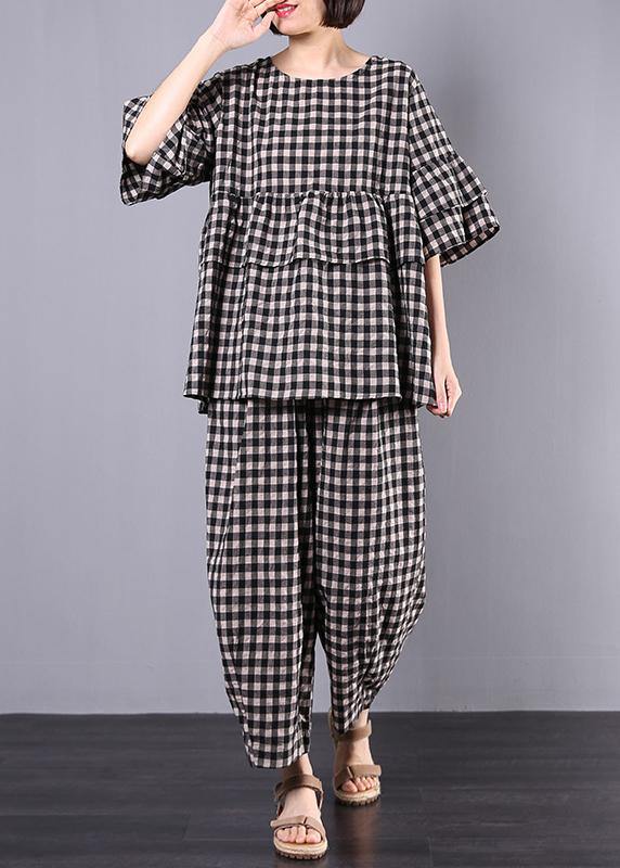 summer cotton linen two pieces black plaid ruffles sleeve blouse with women wide leg pants