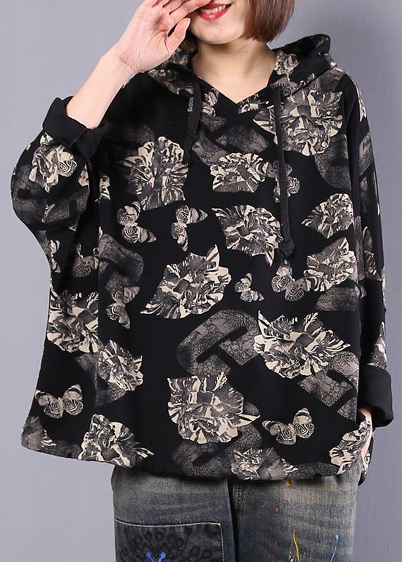 Organic black prints cotton Blouse hooded Plus Size Clothing autumn tops