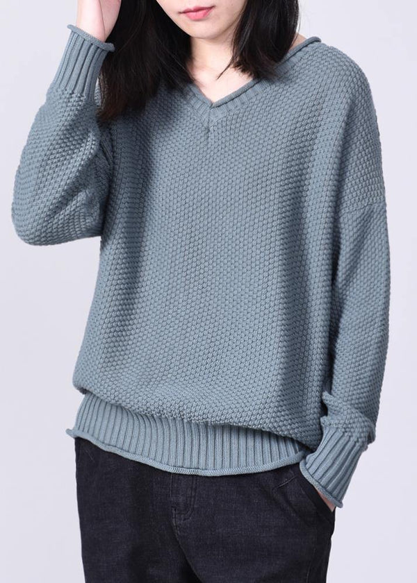 Aesthetic gray blue knit pullover oversized v neck sweaters autumn