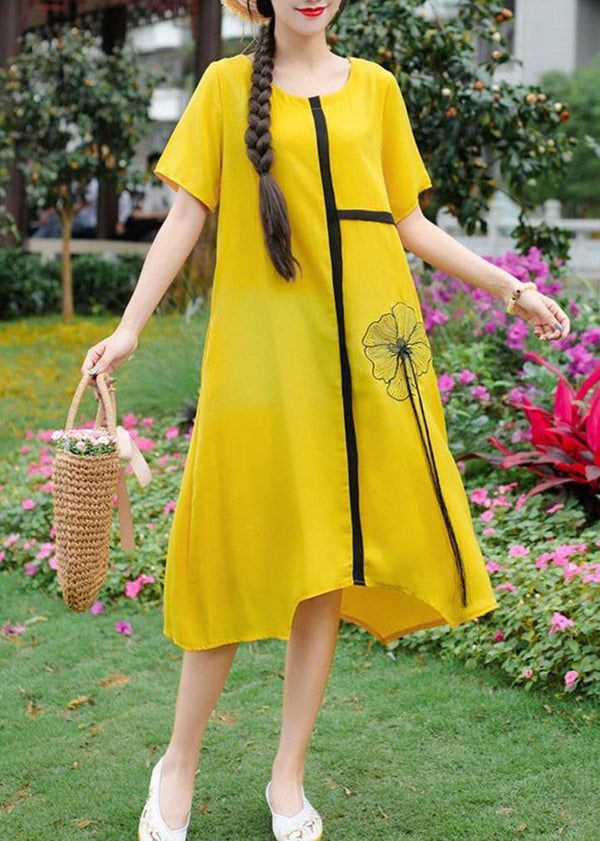 Women yellow embroidery linen cotton o neck baggy summer Dresses