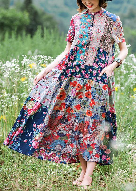 Women stand collar Extra large hem cotton Tunics Runway floral Kaftan Dress
