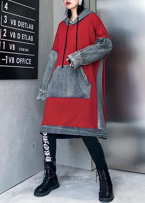 Chic red cotton clothes Women hooded Maxi patchwork Dresses