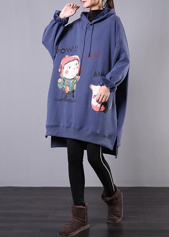 Elegant blue print cotton box top hooded drawstring fall blouse