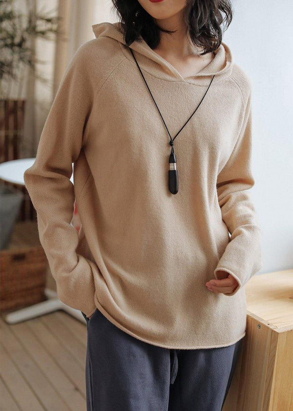 Women beige knit tops fall fashion hooded baggy knitted top