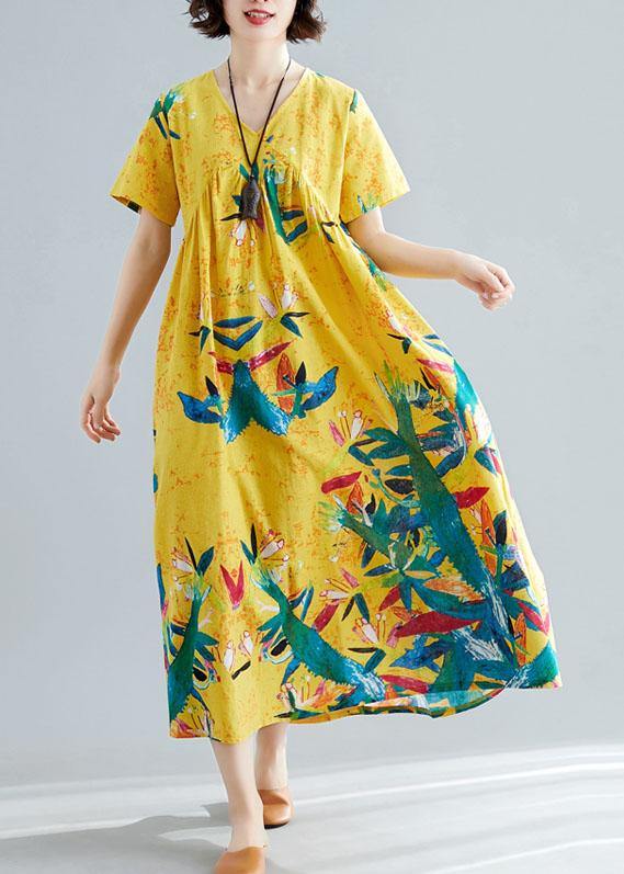 Handmade yellow prints cotton clothes For Women v neck Maxi summer big hem Dresses