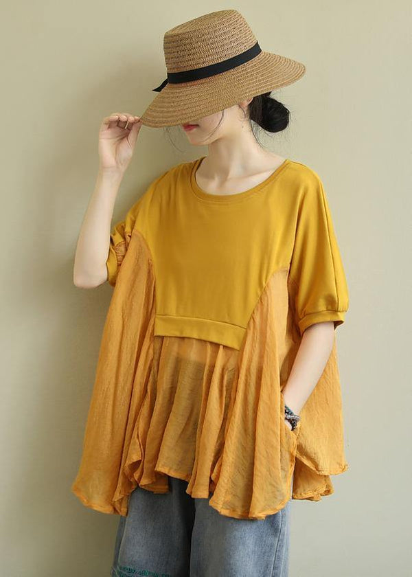 French yellow cotton blouses for women o neck patchwork Art blouses