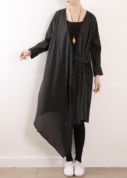 100% black striped clothes Women v neck tie waist Maxi fall Dress