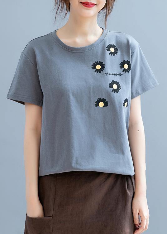 Modern o neck clothes For Women design gray daisy print shirt