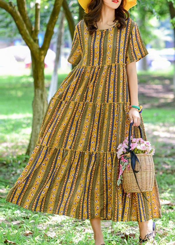 DIY yellow print cotton Long o neck patchwork Maxi summer Dresses